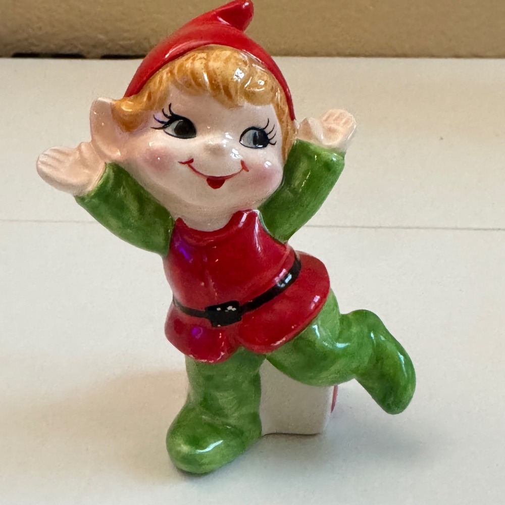Vintage Originals by Erika Japan Ceramic Elf Figurine Christmas Pixie Red Green